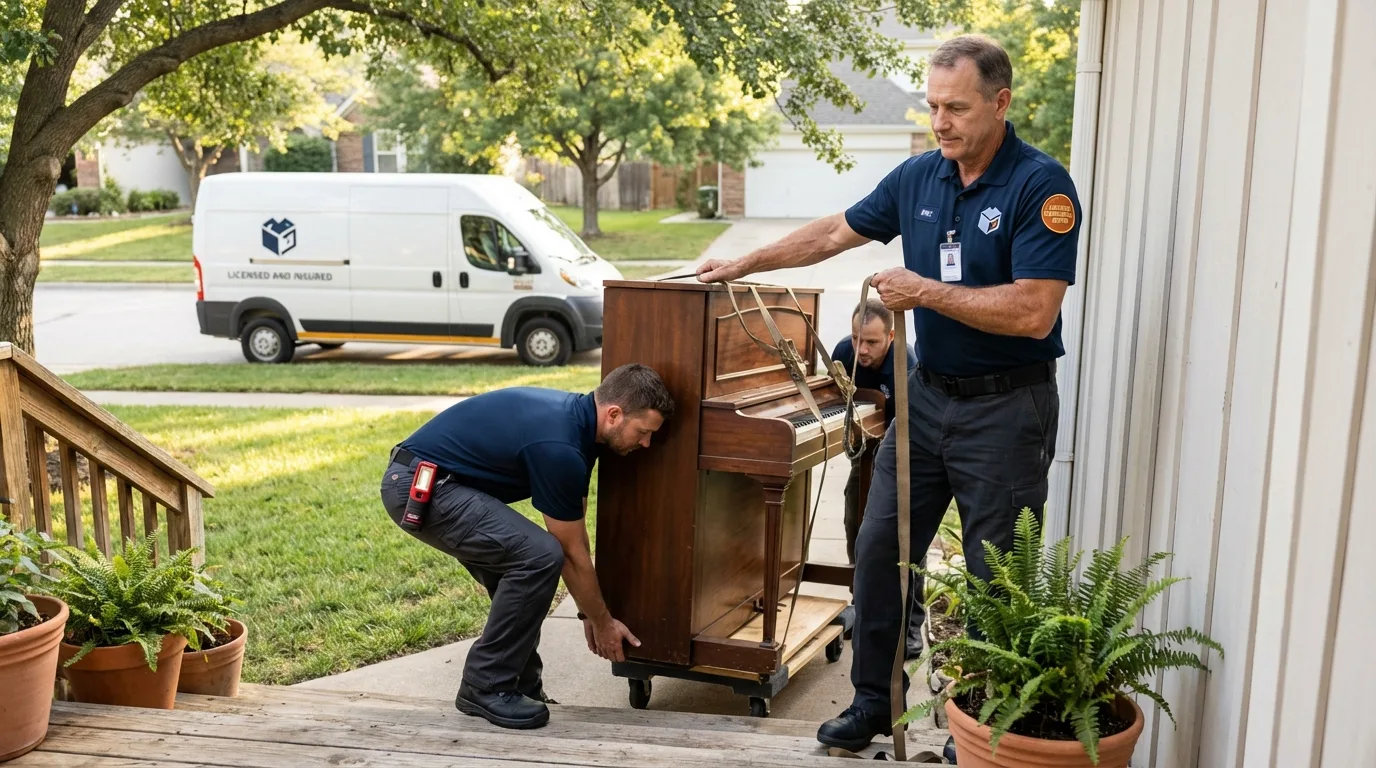 Licensed piano movers securing grand piano in Goodyear, AZ
