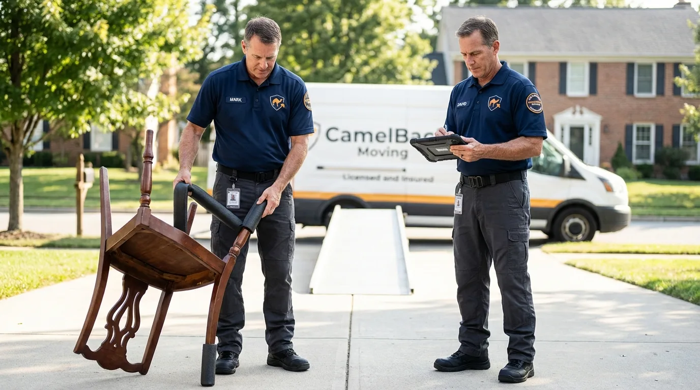 Movers inspecting furniture for damage prevention before loading in Goodyear, AZ